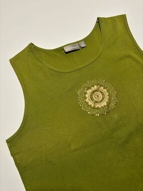 CROFT & BARROW OLIVE GREEN SLEEVELESS COTTON TANK WITH EMBELLISHED MANDALA